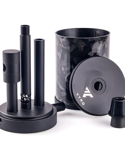 VYRO One V2 Forged Black shisha fully disassembled showing parts