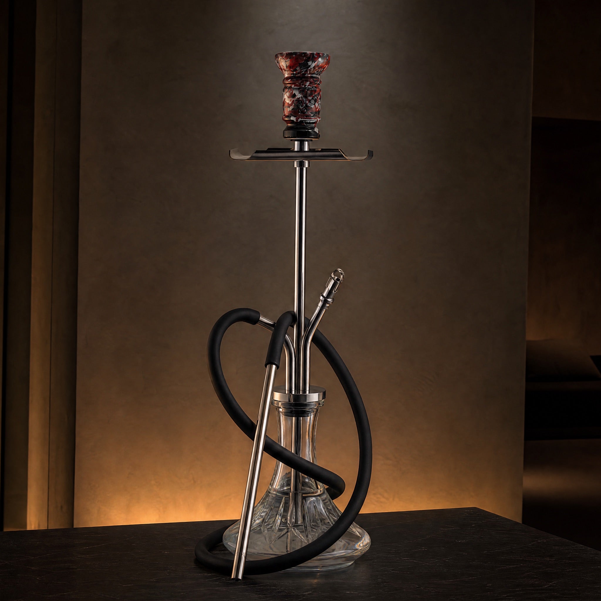 VZ Hookah Classic in collector's session corner, session-ready setup with hose coiled and bowl on top.