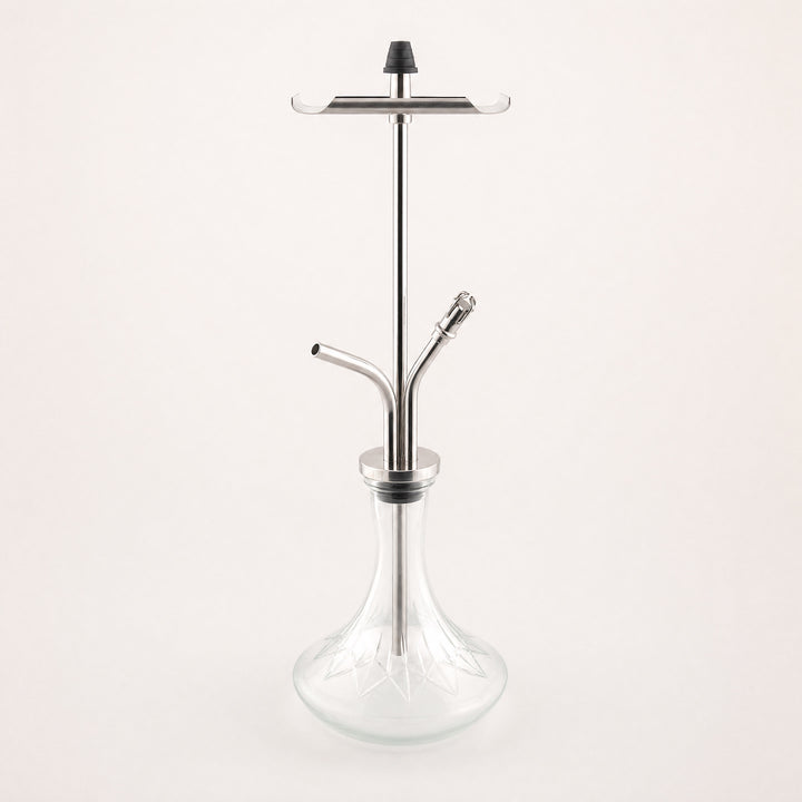 VZ Hookah Classic in AISI 304 stainless steel, three-quarter view showing tray, stem, and etched glass base.