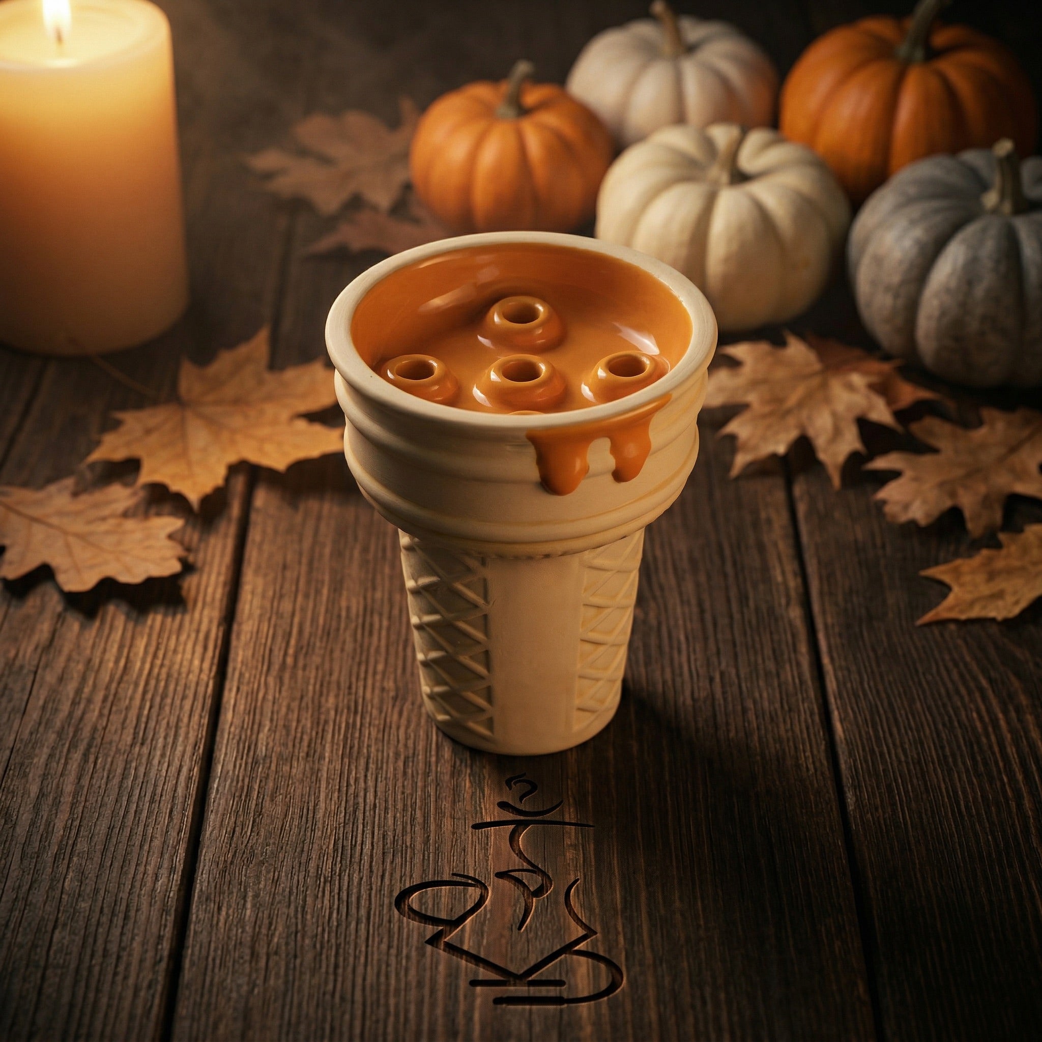 Werkbund Gelato Pumpkin Drip bowl in a moody autumn still life with pumpkins, maple leaves and warm candlelight on aged wood, a limited edition Halloween shisha bowl.