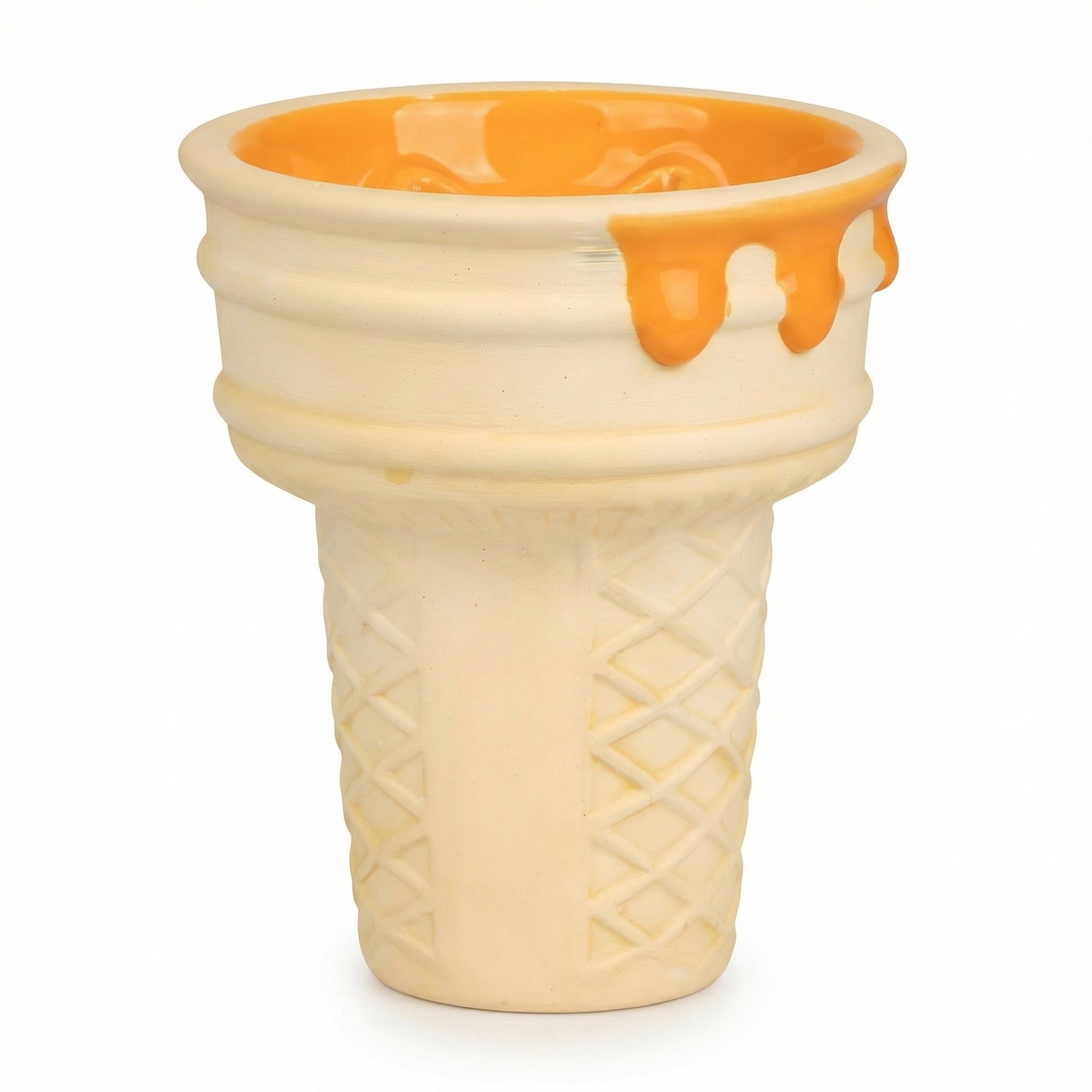 Werkbund Gelato Pumpkin Drip Halloween Edition bowl isolated on white, showing the full waffle cone body, ridged rim and vivid orange glaze drip from the front.