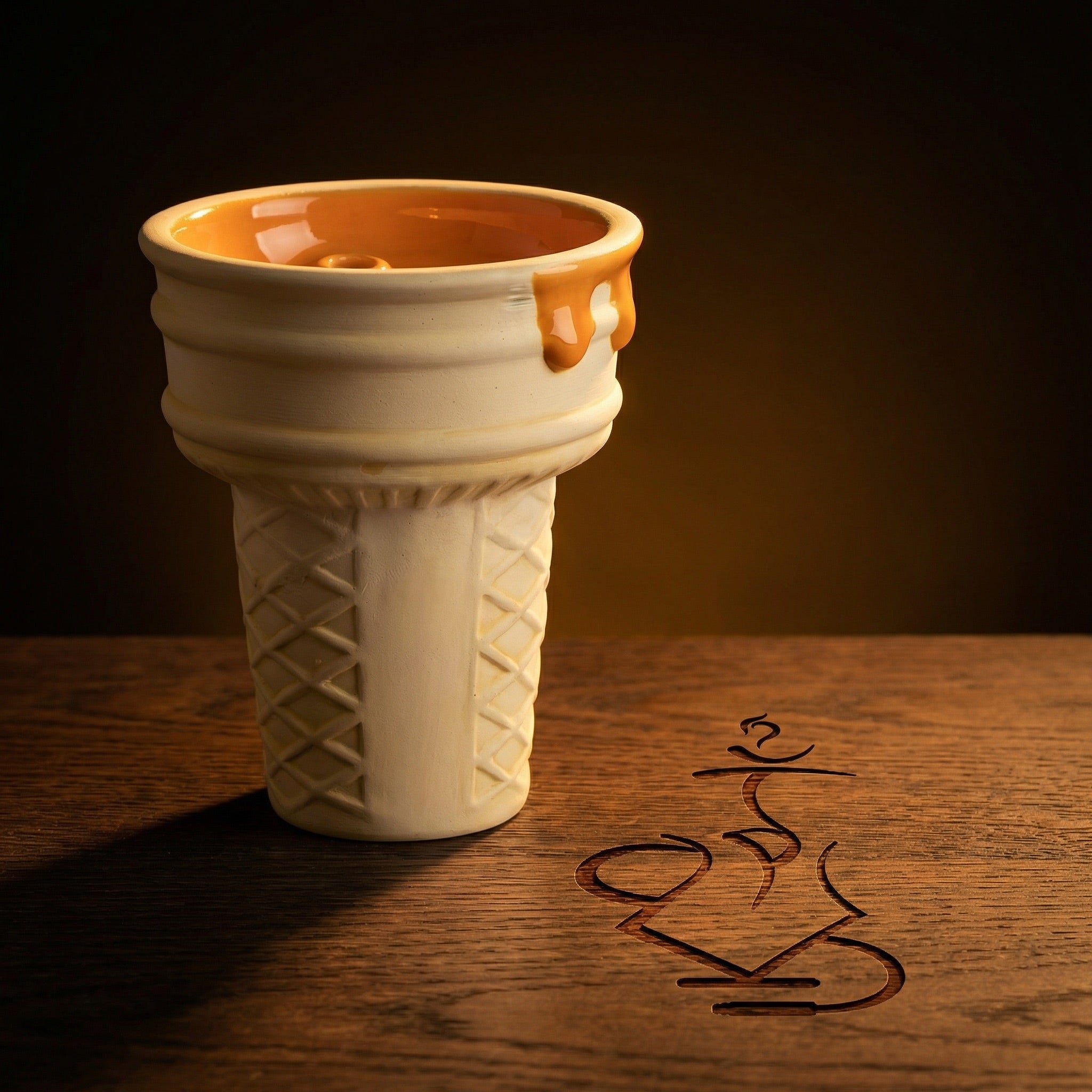 Werkbund Gelato Pumpkin Drip limited Halloween edition bowl lit dramatically on dark stained oak, the glossy orange drip glaze glowing against a warm amber backdrop.