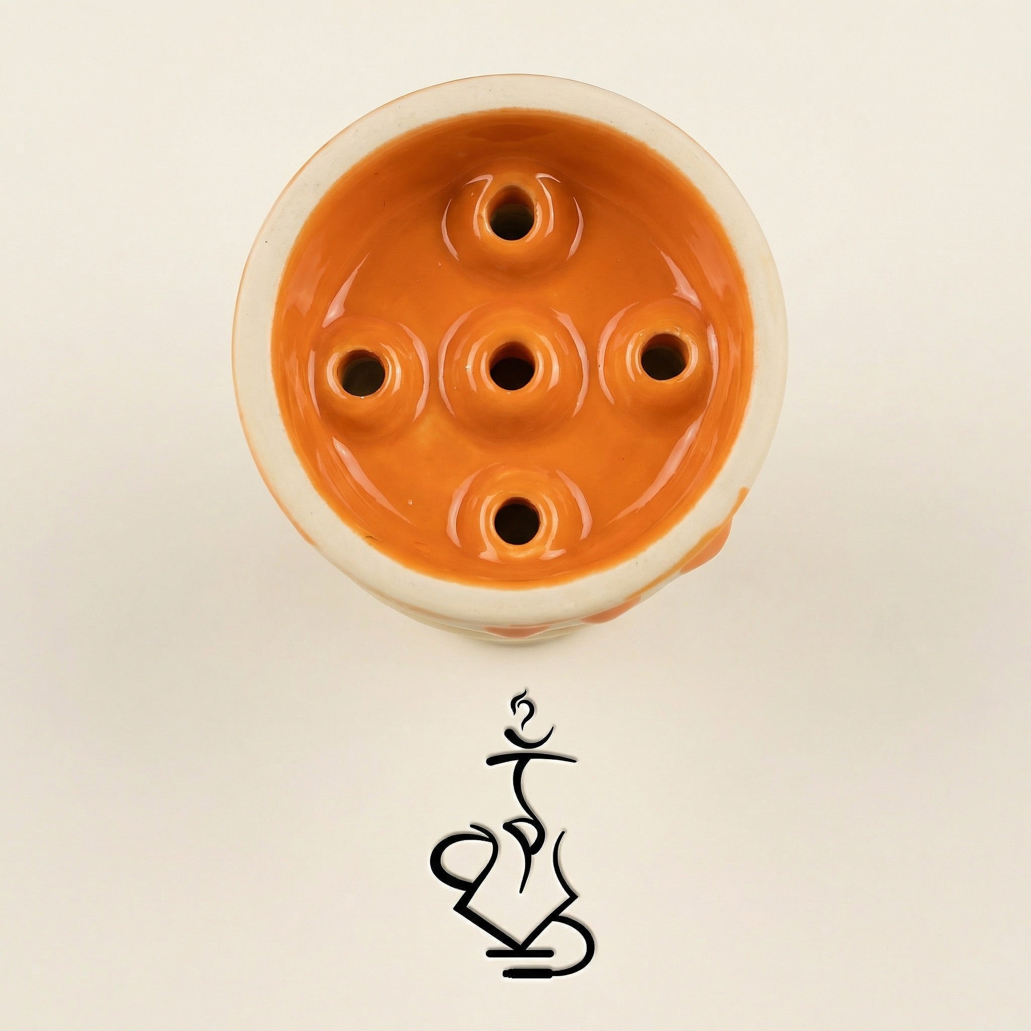Top-down view of the Werkbund Gelato Pumpkin Drip bowl interior showing the glossy orange glazed five-hole phunnel layout with one central hole and four surrounding holes.