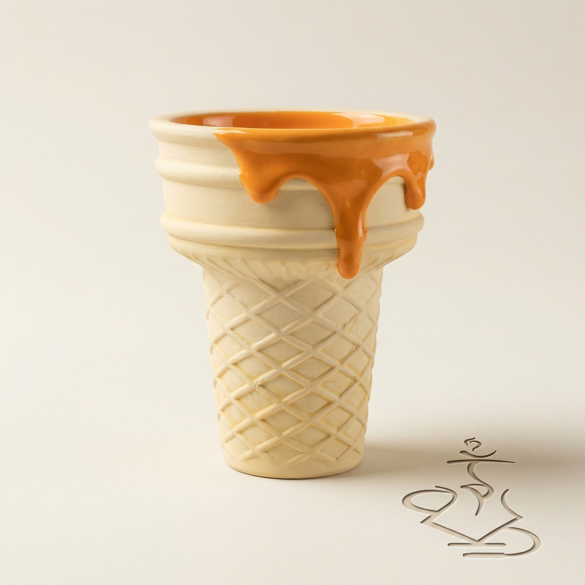 Werkbund Gelato Pumpkin Drip Halloween Edition shisha bowl in cream clay with vivid orange glaze pouring over the ridged rim, photographed on a warm white studio sweep at Melbourne's premium shisha store.