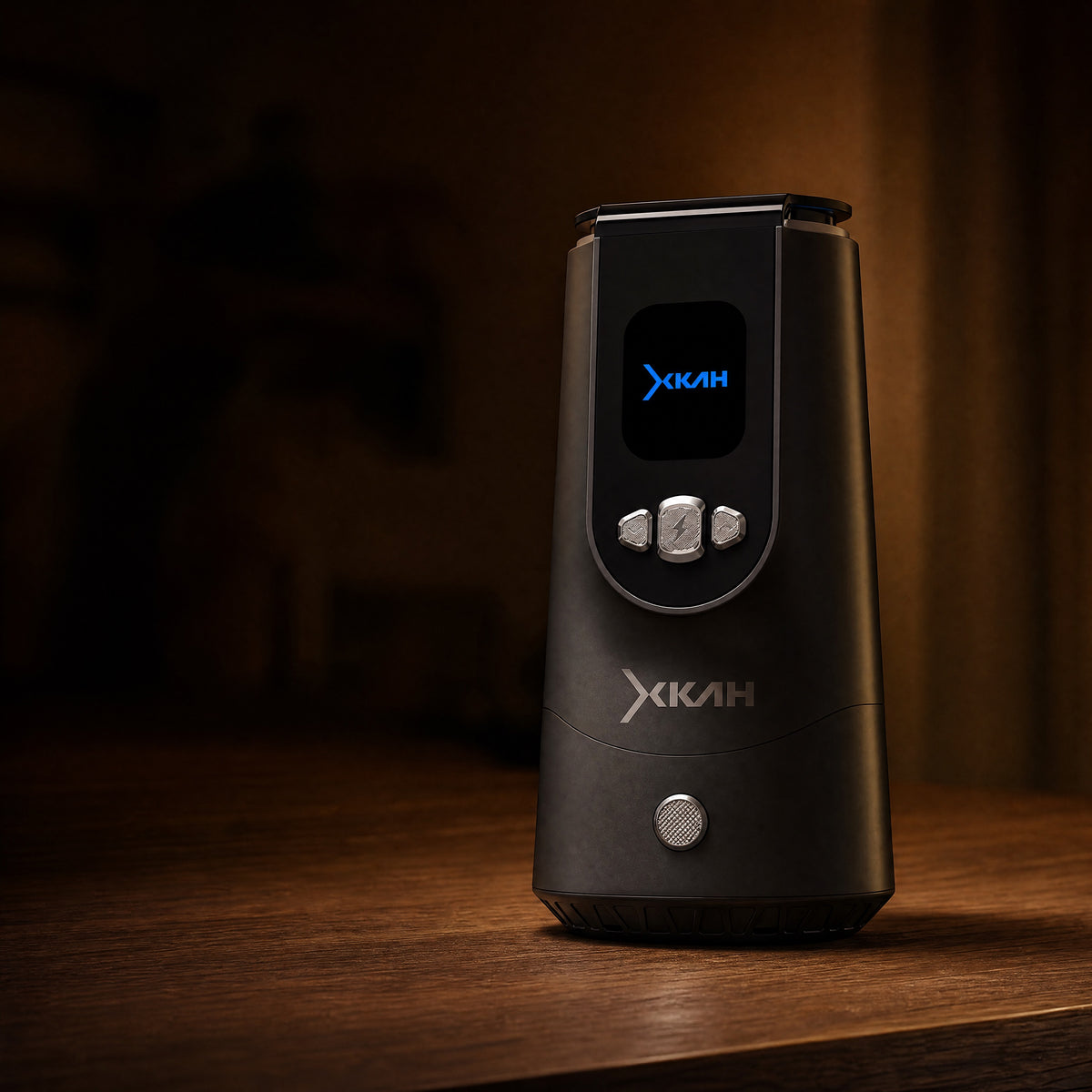 XKAH Pro device on a walnut shelf in a warm evening apartment, cool blue display glowing as the only cold light., image 3 of 28