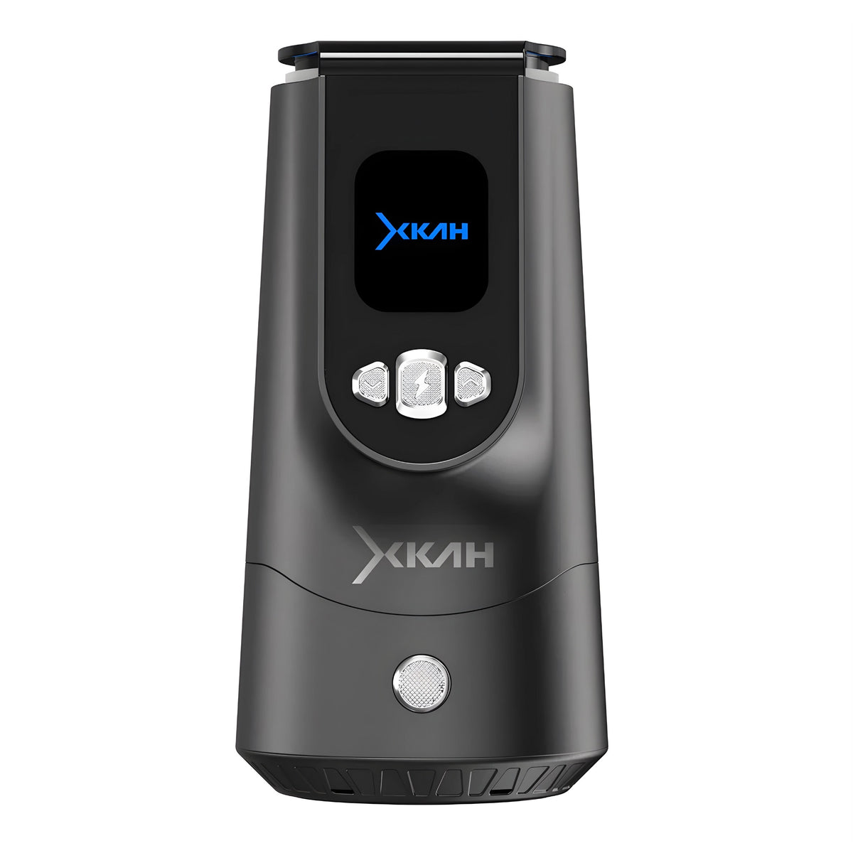 XKAH Pro electronic heat management device front view, matte black body with cool blue OLED display logo lit., image 14 of 28