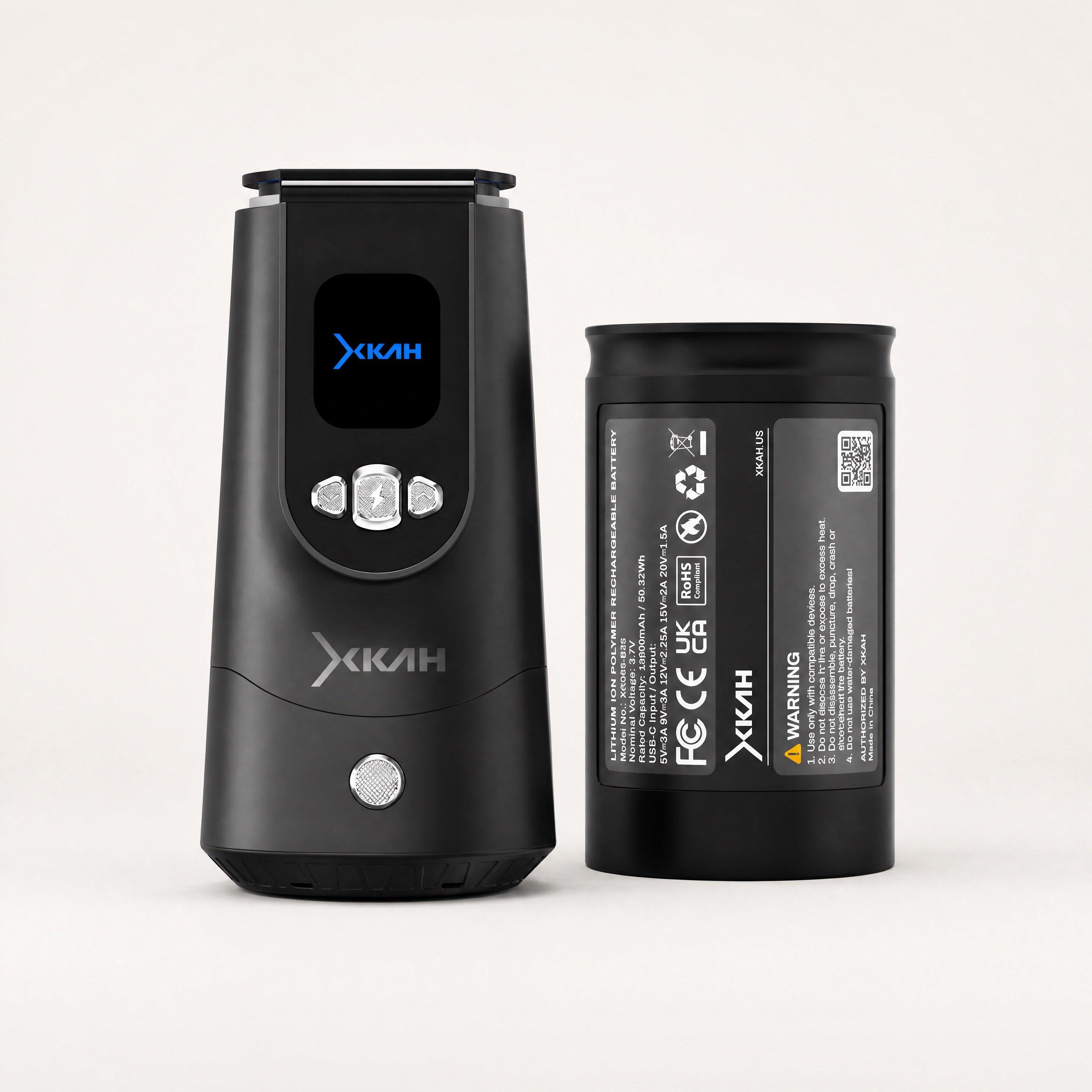 XKAH Pro device with included 13600 mAh spare battery — both shown upright on a clean studio sweep.