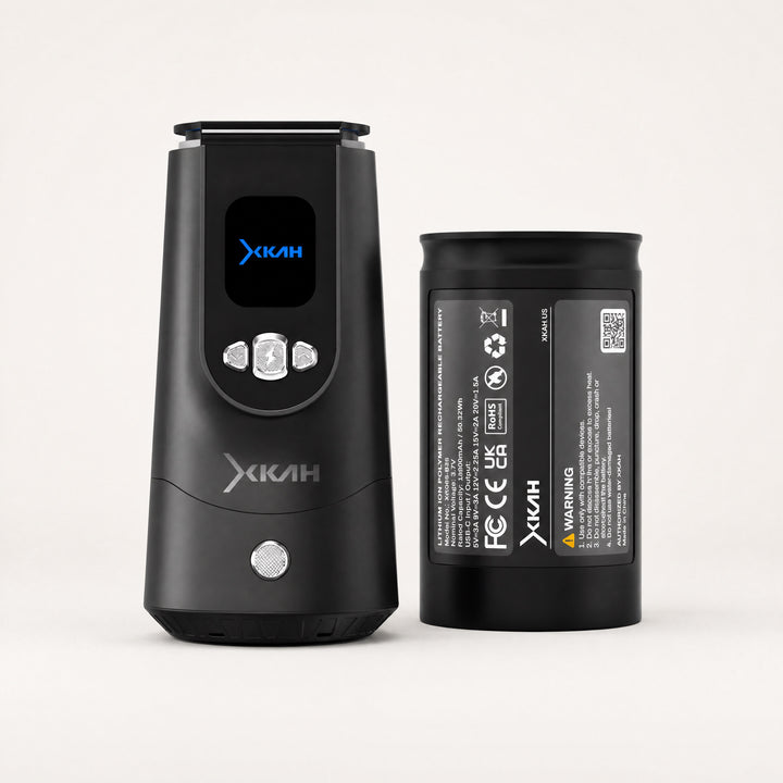 XKAH Pro device with included 13600 mAh spare battery — both shown upright on a clean studio sweep.