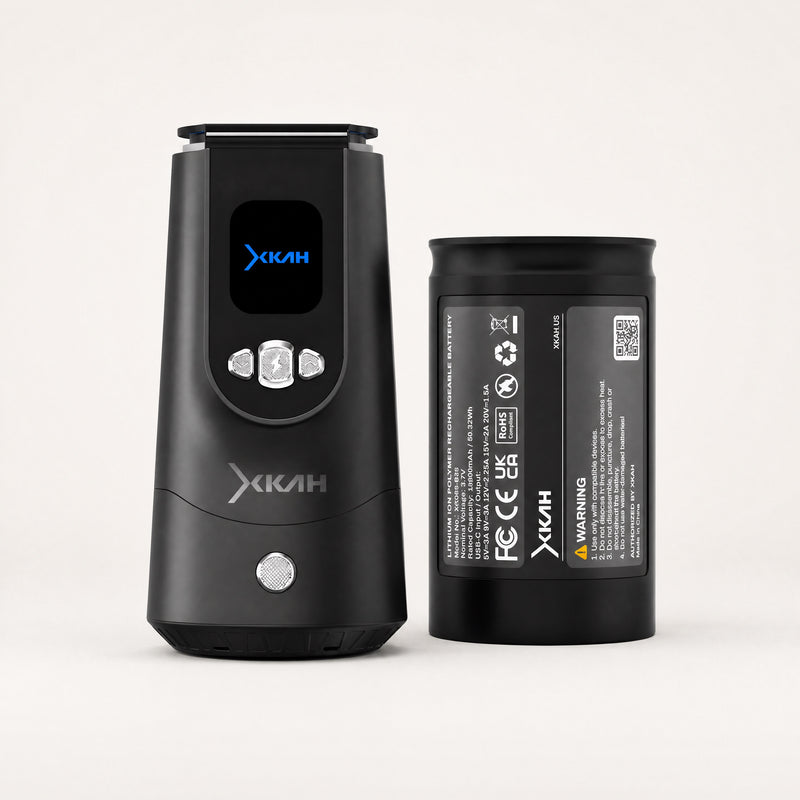 XKAH Pro device with included 13600 mAh spare battery — both shown upright on a clean studio sweep.