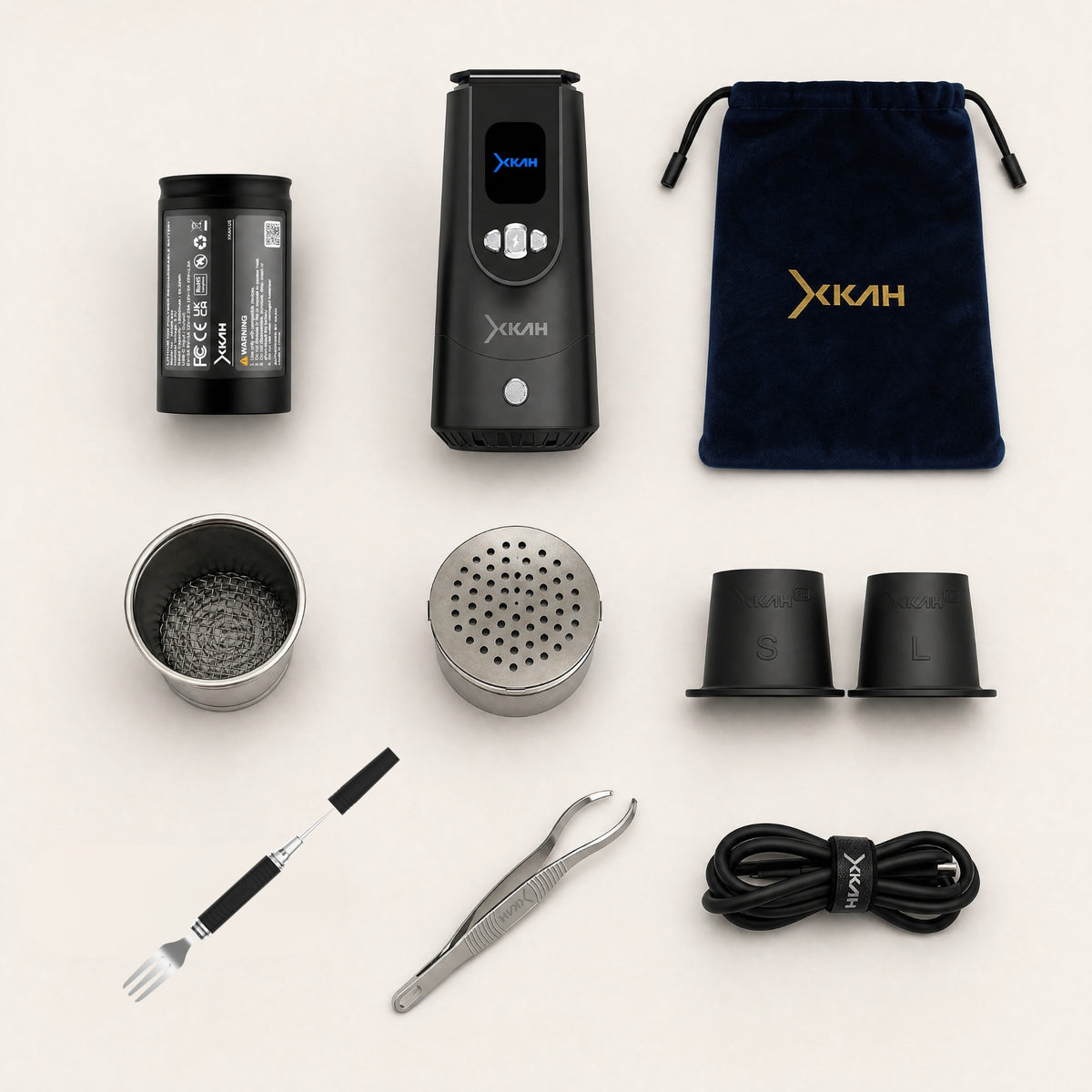 Full XKAH Pro box contents: device, battery, two pods, grommets, packing fork, tweezers, USB-C cable, velvet travel bag., image 5 of 28