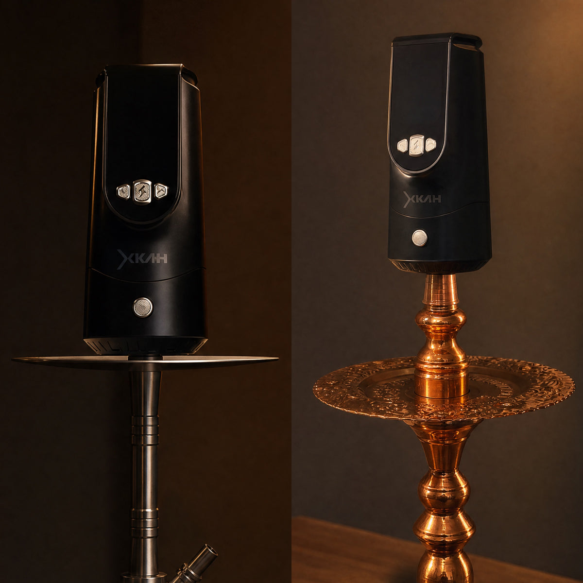 XKAH Pro seated on both a modern stainless and a traditional engraved brass shisha, confirming universal compatibility., image 4 of 28