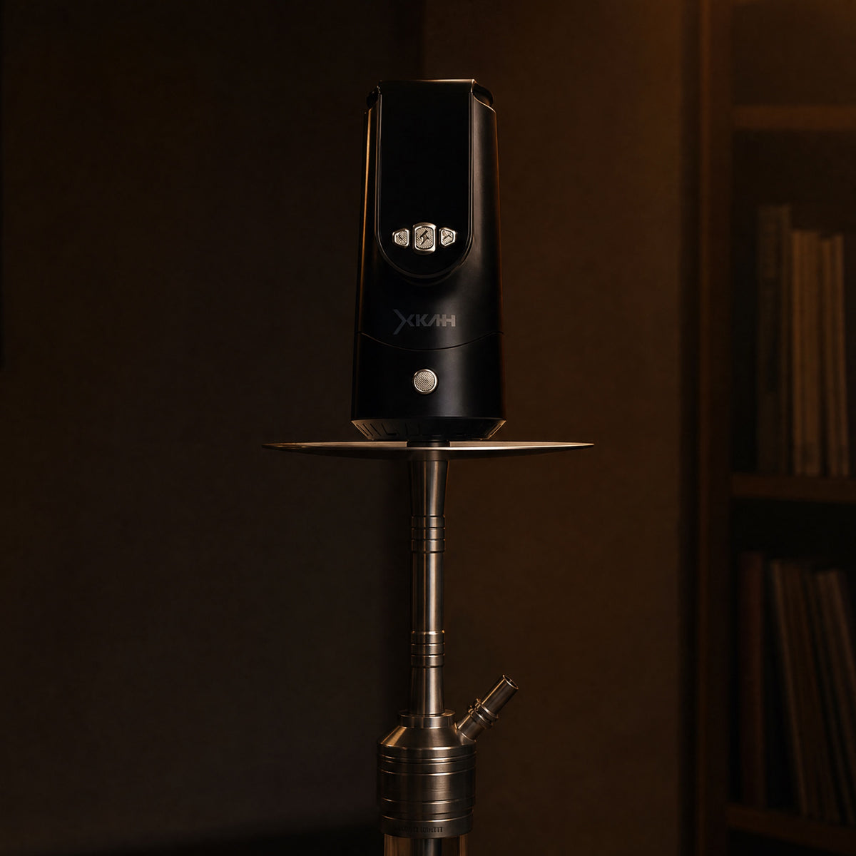XKAH Pro electronic heat device seated on a modern stainless hookah stem, confirming contemporary shisha compatibility., image 7 of 28