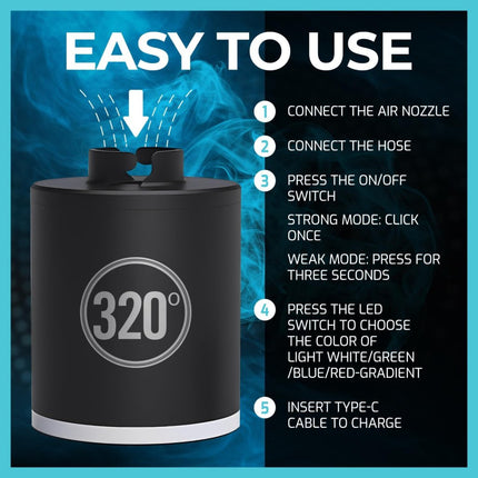 320° - 320º Hookah Shisha Electric Starter - LED Illuminated, Rechargeable, Compact Pump - The Premium Way